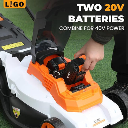 LIGO 40V Cordless Lawn Mower w/11Gal Bag & 2X4.0Ah Battery | 15" Brushless Motor, 6-Position Height (0.98"-2.95") | Walk-Behind Grass Catcher w/Patented Comb | 20V/40V Tool Compatible