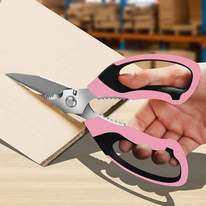 8-Inch Utility Scissors All Purpose Heavy Duty, Serrated Blade, Pink Comfort Grip for Cutting Carpet, Cardboard, Leather, Fabric, Multipurpose Sharp Shears for Kitchen, Garden, Office, Carft