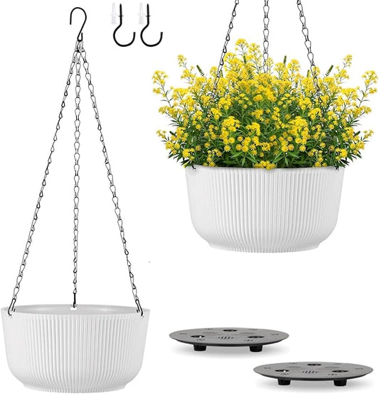 Set of 2 White 11.2 Inch Hanging Planters for Indoor Outdoor Plants, Self Watering Hanging Flower Pots with Drainage Hole & Plug