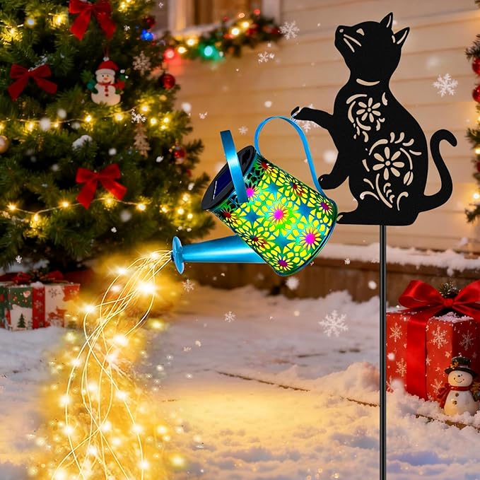 Black Cat Solar Watering Can Lights, Birthday Gifts for Women Mom Christmas Mother's Day, Yard Decorations Outdoor Waterproof, Blue Metal Hanging Lantern, Solar Lights Garden Decor Patio Pathway