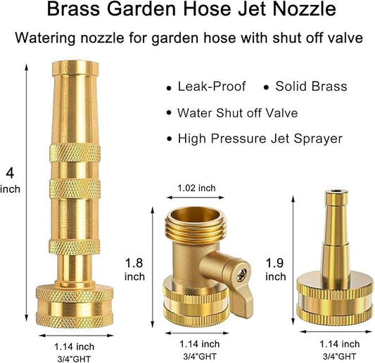 Heavy-duty brass hose nozzle 3-piece set,adjustable nozzle spray, with valve control, suitable for gardens, lawns, car cleaning and terraces | additional 4 anti-gaskets