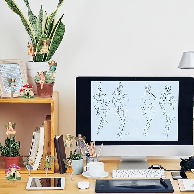 Fumete 13 Pcs Miniature Fairies & Mushroom House Figurines - Mini Garden Accessories for Outdoor Yard & Home Decoration