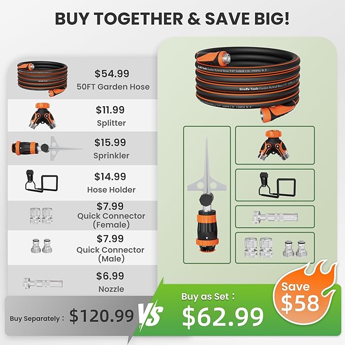 Giraffe Tools Garden Hose 50ft x 5/8", Water Hose Heavy Duty, Flexible with Hose Splitter, Nozzle and Yard Sprinkler, Lightweight Hybrid Hose with Swivel Handle, Male to Female Fittings, Burst 600 PSI