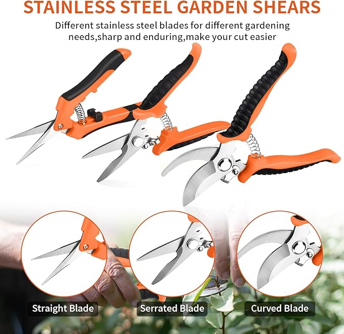 3 Pack Garden Pruning Shears, Stainless Steel Shears, Gardening Shears Scissors Pruning Shears for Gardening Tools (3PCS Orange and Black)