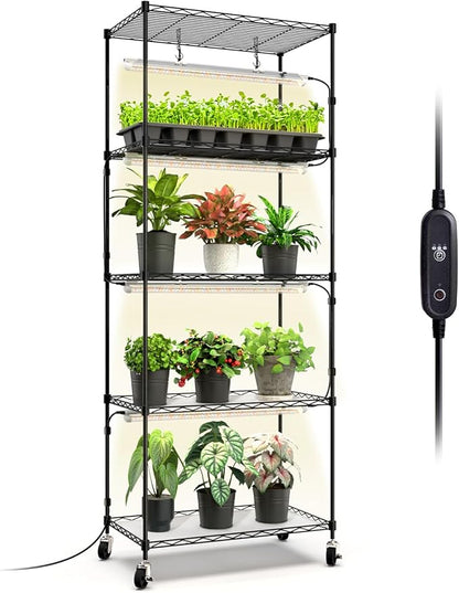 Bstrip Plant Shelf with Grow Light with Timer, Metal Plant Stand with Adjustable Rack and Wheels, 4 Pack T8 Full Spectrum Grow Light Strip for Indoor Plants, Seed Starting, Seed Tray, 23.5"x13.8"x59"