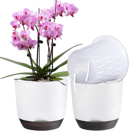 QCQHDU 2 Pack 7.2 Inch Orchid Pots with Holes for Repotting, Double-Layer and Self Watering Orchid Pot with Good Air Circulation