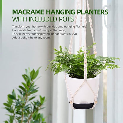 2-Pack 7.2-Inch Self-Watering Hanging Planters for Indoor & Outdoor Plants,34-Inch macrame hanger plant pots indoor with drainage,Small Hanging Planters & Baskets in White,With two sets of hooks