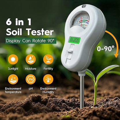 6-in-one Soil Test Kit-Soil Moisture Meter/PH Meter/Fertility/Sunlight Intensity Soil Tester, LCD Air Hygrometer&Temperature Moisture Meter for Plants-Garden, Lawn,Farm,2 Pack Detachable Probe