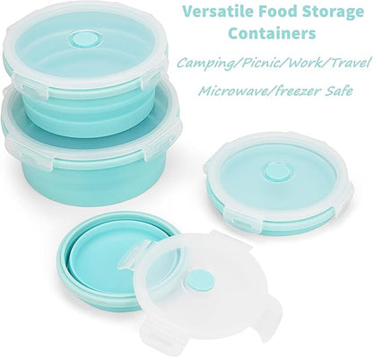 CARTINTS Silicone Collapsible Food Storage Containers-Prep/Storage Bowls with Lids – Set of 4 Round Silicone Lunch Containers – Microwave and Freezer Food Containers (Blue)