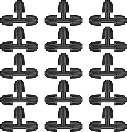 Pawfly 15 Pcs Drip Irrigation Fittings for 1/2 Inch Irrigation Tubing (1/2" ID x 0.64" OD), 1/2" Drip Line T Connectors with Anti-Drop Lock Nuts, Barbed Tees for Garden Irrigation System