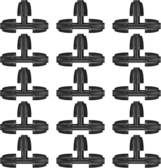 Pawfly 15 Pcs Drip Irrigation Fittings for 1/2 Inch Irrigation Tubing (1/2" ID x 0.64" OD), 1/2" Drip Line T Connectors with Anti-Drop Lock Nuts, Barbed Tees for Garden Irrigation System