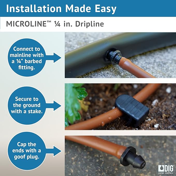 DIG ML-509B ¼” 500’ MICROLINE™ Dripline, 9” Dual Outlet Emitter Spacing, UV-Resistant Tubing for Garden & Landscape Irrigation | Flexible, Durable, Water-Saving | Easy Installation (Brown)