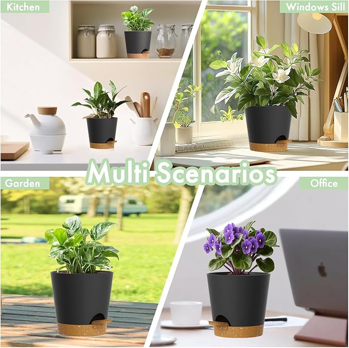 4 inch Self Watering Pots for Indoor Outdoor Plants, 6 Pack Plastic Flower Planters with Drainage Holes and Removable Saucers, Plant Pots with Wicking Rope, Modern Decor, Black Brown
