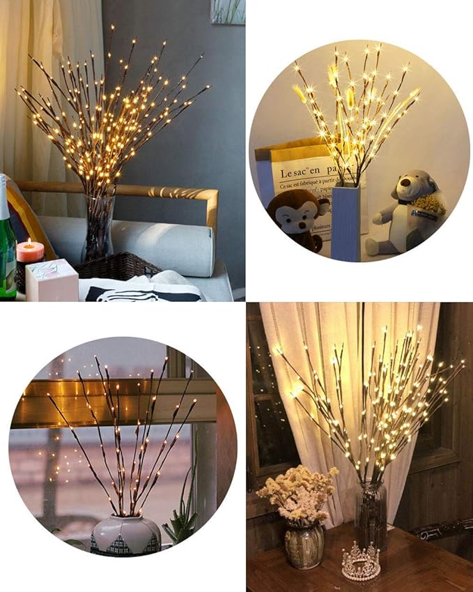 LED Branch Lights, Battery Powered, Warm White, Brown, Plastic, 20 LED, 5 Bendable Poles, 25 Inches, Modern Office Decoration