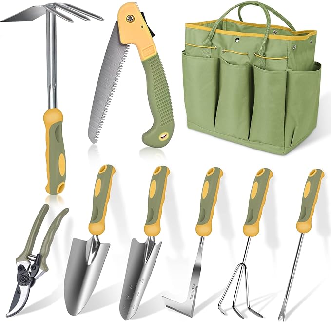 Garden Tool Set, WisaKey 9 Piece Stainless Steel Heavy Duty Gardening Hand Tools with Handle, Durable Garden Tool Bag, Gardening Gifts for Women and Men White Elephant Gifts for Adult