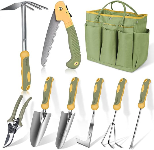 Garden Tool Set, WisaKey 9 Piece Stainless Steel Heavy Duty Gardening Hand Tools with Handle, Durable Garden Tool Bag, Gardening Gifts for Women and Men White Elephant Gifts for Adult