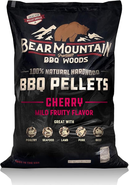 Bear Mountain All Natural Wood Pellets for Smoker, Grill & BBQ, 40 Lbs, Cherry - Premium Hardwood Barbecue Pellet Accessories for Indoor and Outdoor Grilling