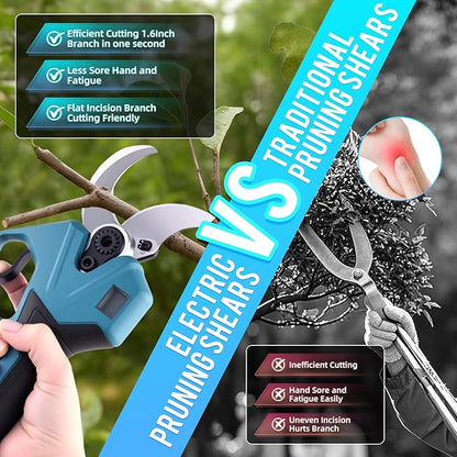 21V Brushless Electric Pruning Shears, 1.6-Inch Cutting Cordless Power Pruner with 2x2.0Ah Battery & 3 SK5 Blades, 2.4" Max Opening Garden Shears for Tree Trimming and Fruit Harvesting