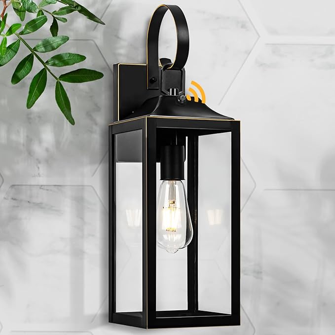 Large Dusk to Dawn Outdoor Wall Light, 19" Black Outside Farmhouse Wall Sconce, Industrial Wall Mount Light Fixture, Waterproof Modern Porch Lighting Exterior Lamp for House -with Gold Trim