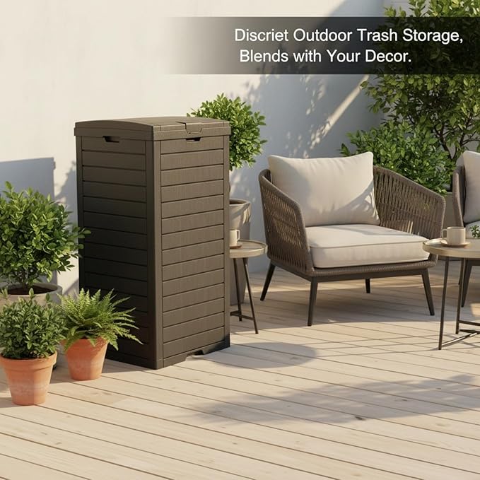 31 Gallon Resin Trash Can Cabinet with Lid & Drip Tray - Waterproof Outdoor Garbage Bin for Patio, Kitchen, Yard, and Entertaining Areas - Easy Assembly, No Tools Required