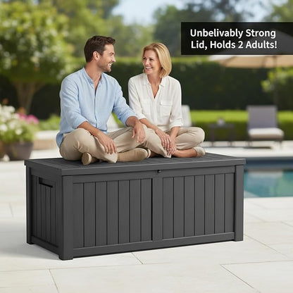 150 Gallon Resin Deck Box with Lockable Lid - Outdoor Waterproof Storage for Patio Furniture, Garden Tools, Cushions & Pool Accessories, Wood Grain Design, Easy Assembly