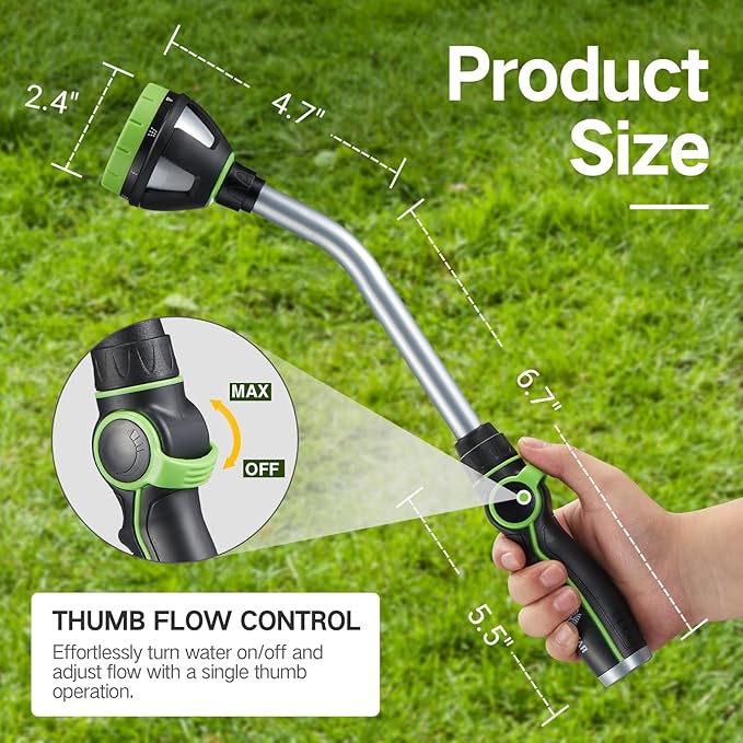Watering Wand Heavy Duty,Metal Garden Hose Wand with 8 Spray Patterns 15-Inch Long Hose Nozzle Sprayer with Thumb Flow Control for Watering Plants Cleaning Car Washing and Showering Pets (15 Inch)