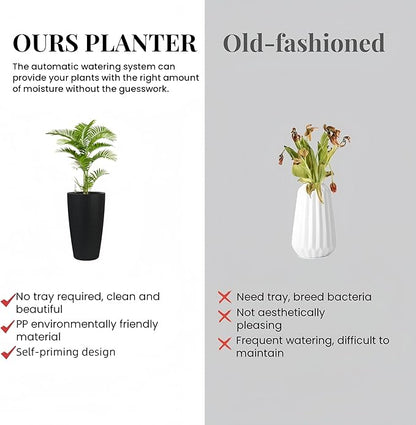 22" Tall Planter Set of 2, Large Self Watering Pots for Indoor/Outdoor Plants with Drain Holes, Water Level Monitor, Inner Bucket for Front Porch Patio, Black Rattan Conical