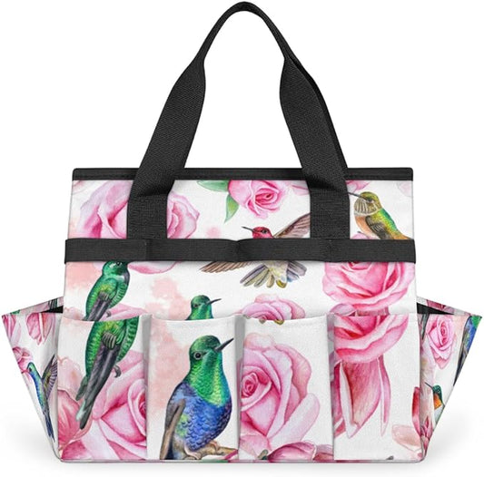 Hummingbird Flower Rose Garden Tool Bag Waterproof Gardening Tool Storage Bag with Handle & 10 Pockets Gardening Tote Bag for Women Garden Tool Organizer