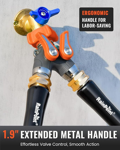 RAINPOINT Garden Hose Splitter, 2 Way Heavy Duty Water Hose Y Spigot Splitter with Shutoff Valves, 100% Metal Body Outdoor Faucet Splitter, 1.9" Extra Long Metal Handle, 3/4" GHT Thread (2, Orange)