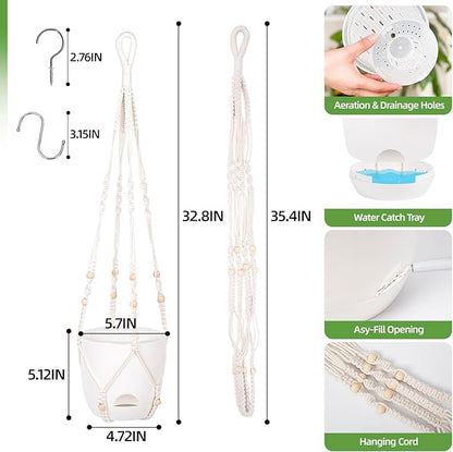2-Pack 5.7-Inch Self-Watering Hanging Planters for Indoor & Outdoor Plants,34Inch Macrame Hanger Plant Pots Indoor with Drainage,Small Hanging Planters & Baskets,With Two Sets of Hooks（Pure white）