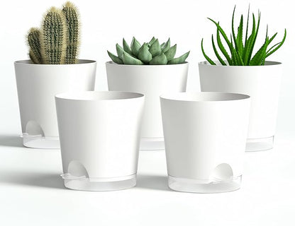 4 Inch 5 Pack Small Self Watering Pots for Indoor Plants, Nursery Pot with Drainage Holes and Saucers, Plastic Small Flower Planter for Succulent, Aloe, Cacti and More (White)