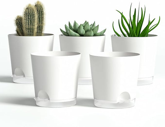 4 Inch 5 Pack Small Self Watering Pots for Indoor Plants, Nursery Pot with Drainage Holes and Saucers, Plastic Small Flower Planter for Succulent, Aloe, Cacti and More (White)