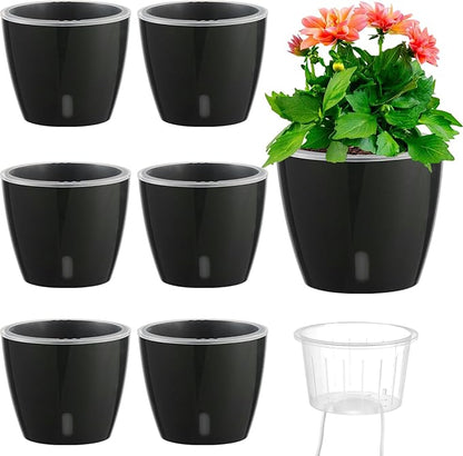 Self-Watering Pots for Indoor Plants, 6-Pack 6.7'' Self Watering Planter with Drainage Holes, Small African Violet Pots with Water Indicator, Clear Wick Pot, Black