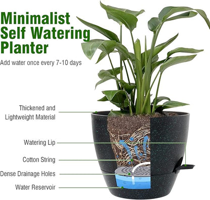 12/10/9 inch Large Self Watering Pots, Planter, Plant Pots with Mesh Drainage Holes for Indoor Outdoor Garden Plants, Plastic Flower Pots with Deep Reservoir, Black with Green Speckles