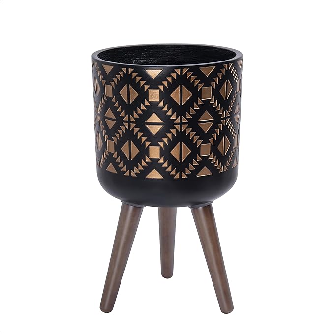 D'vine Dev 10 Inch Planter Pot with Stand, Mid-Century Tall Plant Pot with Legs for Indoor Plants, Bronze/Black, 88-G-B-6