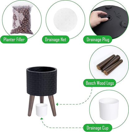 D'vine Dev 8 Inch Modern Geometric Tile Patterned Sleek Planter Pot with Stand, Indoor Outdoor Decorative Plant Holder, Matte Black, 88-Z-A-2