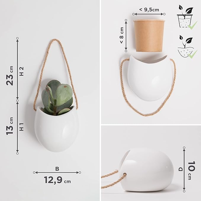Kazai. Wall Planters -Ellie- | Hanging Ceramic Plant Pots 3 Pieces | Wall Decoration for Indoors, Balcony and Garden | White (Glossy)