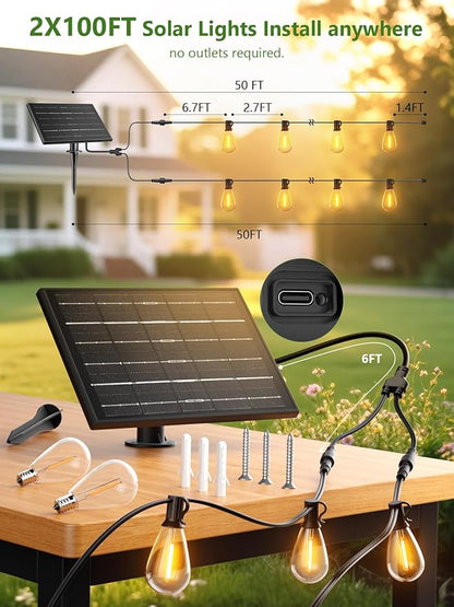 luckystyle 200FT Solar String Lights Outdoor Waterproof 2200K with Remote & USB Charging, 72+4 LED Shatterproof Bulbs, Dimmable & Timable, 3 Light Modes, Long Last for Garden,Patio, Backyard, Camping