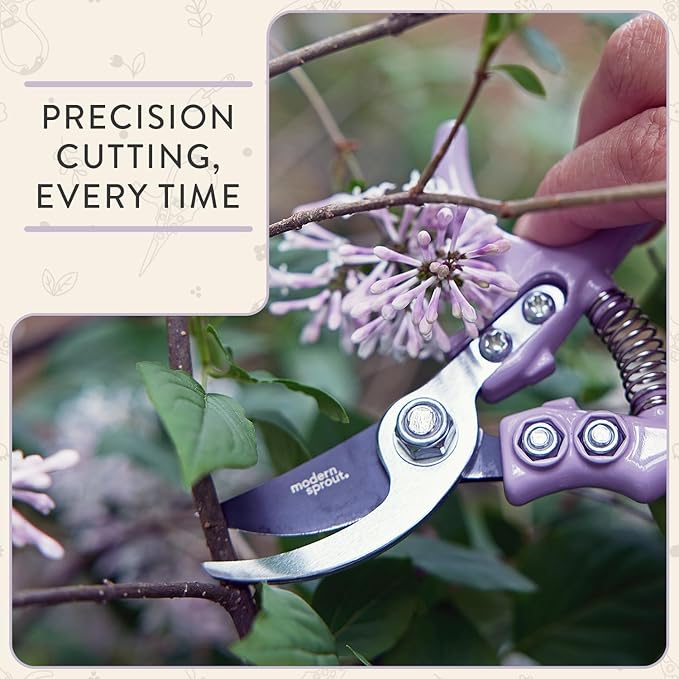 Modern Sprout Hand Pruners - Lightweight Pruning Shears W/Easy Lock- Gardening Scissors - Bypass Sharp Carbon Steel Blade - Rust Resistant - Garden Tools - Reusable Holster - Lavender