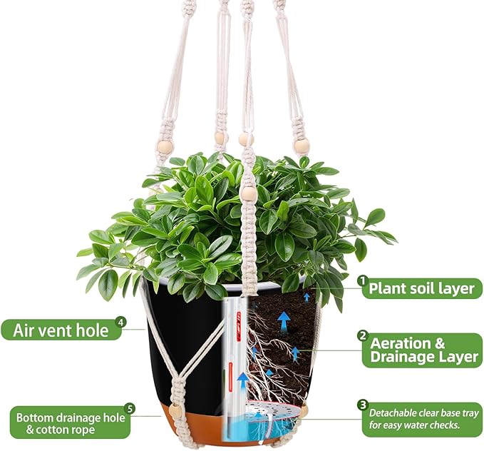 2-Pack 7.2-Inch Self-Watering Hanging Planters for Indoor & Outdoor Plants,34-Inch macrame hanger plant pots indoor with drainage,Small Hanging Planters & Baskets in Black,With two sets of hooks