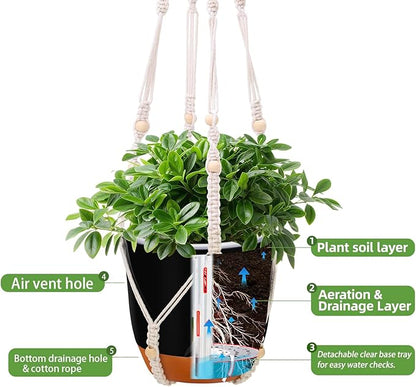2-Pack 7.2-Inch Self-Watering Hanging Planters for Indoor & Outdoor Plants,34-Inch macrame hanger plant pots indoor with drainage,Small Hanging Planters & Baskets in Black,With two sets of hooks