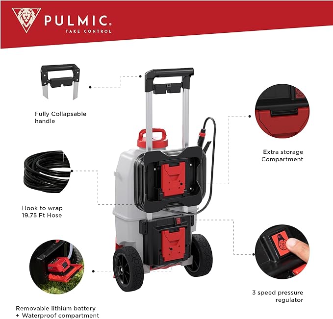 PULMIC Electric Sprayer Pegasus 35. 9.25-Gallon Cart Sprayer. 3 Application Speeds Up to 60 PSI Pressure. 18V Removable Lithium Battery. Up to 7 Hours of Autonomy. 20 ft Hose and Accessories Included