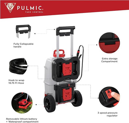 PULMIC Electric Sprayer Pegasus 35. 9.25-Gallon Cart Sprayer. 3 Application Speeds Up to 60 PSI Pressure. 18V Removable Lithium Battery. Up to 7 Hours of Autonomy. 20 ft Hose and Accessories Included