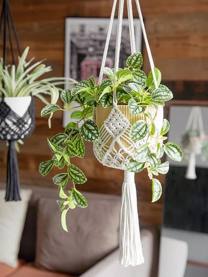 Hanging Planter with Patterns,2Packs Macrame Plant Hangers Indoor Macrame for up to 8 inch Pot Crochet Boho Plant Hanger Holder for Indoor Outdoor with 2S Shaped Stainless Steel Hooks (White)