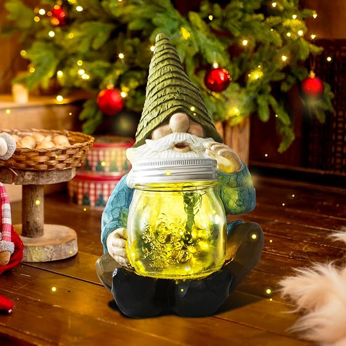 Solar Firefly Jar Gnome Waterproof - Christmas Large Garden Gnome Funny Solar Outdoor LED Lights Resin Statues 10.6" Lantern Figurines Xmas Decorations Birthday Housewarming Gifts for Mom Women