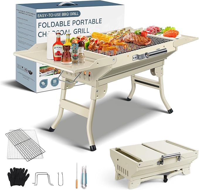 Portable Charcoal Grill Foldable Grills BBQ Grill Charcoal Small Grill for Travel, Camping, Outdoor Cooking, Backyard, Hiking, Patio Garden, Picnics,Beige