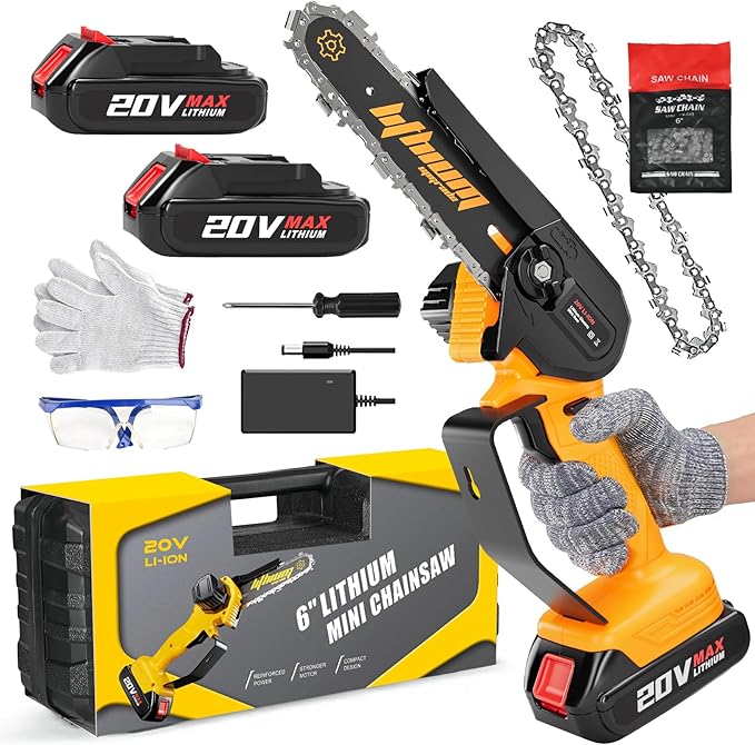 Mini Chainsaw Cordless 6-Inch Electric Chain Saws Cordless Handheld Portable Small Chainsaw with 2 Battery for Tree Trimming Wood Cutting