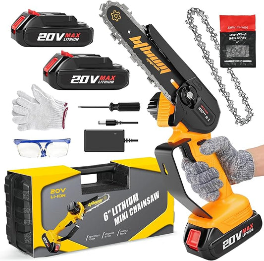 Mini Chainsaw Cordless 6-Inch Electric Chain Saws Cordless Handheld Portable Small Chainsaw with 2 Battery for Tree Trimming Wood Cutting
