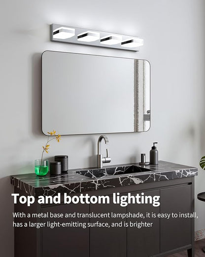 Bathroom Lighting Fixtures Over Mirror, 4 Light Bathroom Vanity Light Fixtures with Cool White 5000K, Silver LED Modern Vanity Wall Lights for Bath, Dressing Room, Restroom, 29.5 inch