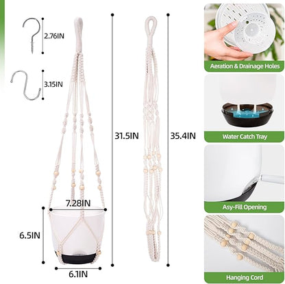 2-Pack 7.2-Inch Self-Watering Hanging Planters for Indoor & Outdoor Plants,34-Inch macrame hanger plant pots indoor with drainage,Small Hanging Planters & Baskets in White,With two sets of hooks